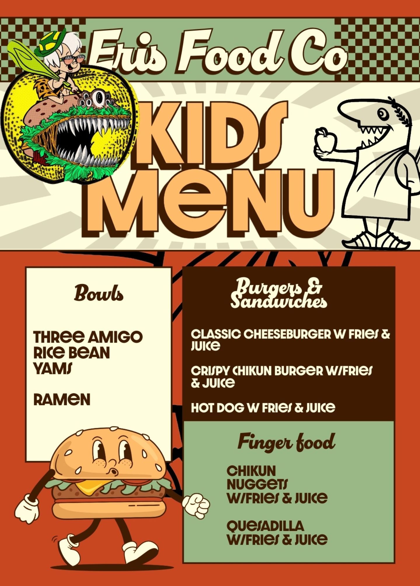 Kids menu for Eris Food Co. with illustrations of food, text lists burger/sandwiches, bowls, and finger foods.