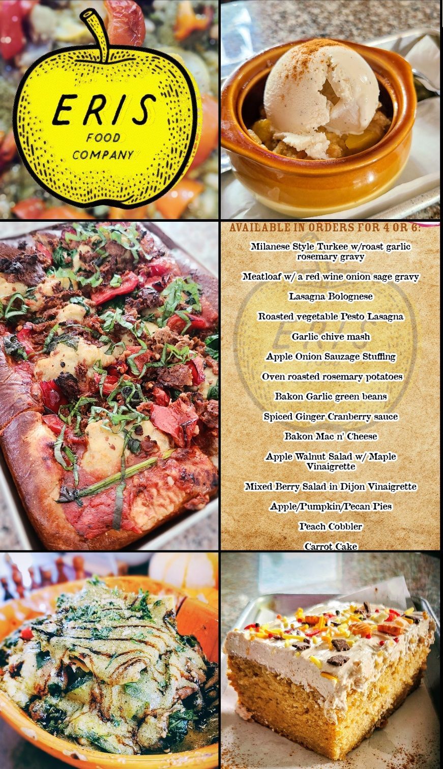 Collage: Eris Food Company logo, dishes like pizza, salad, apple dessert, and cake.