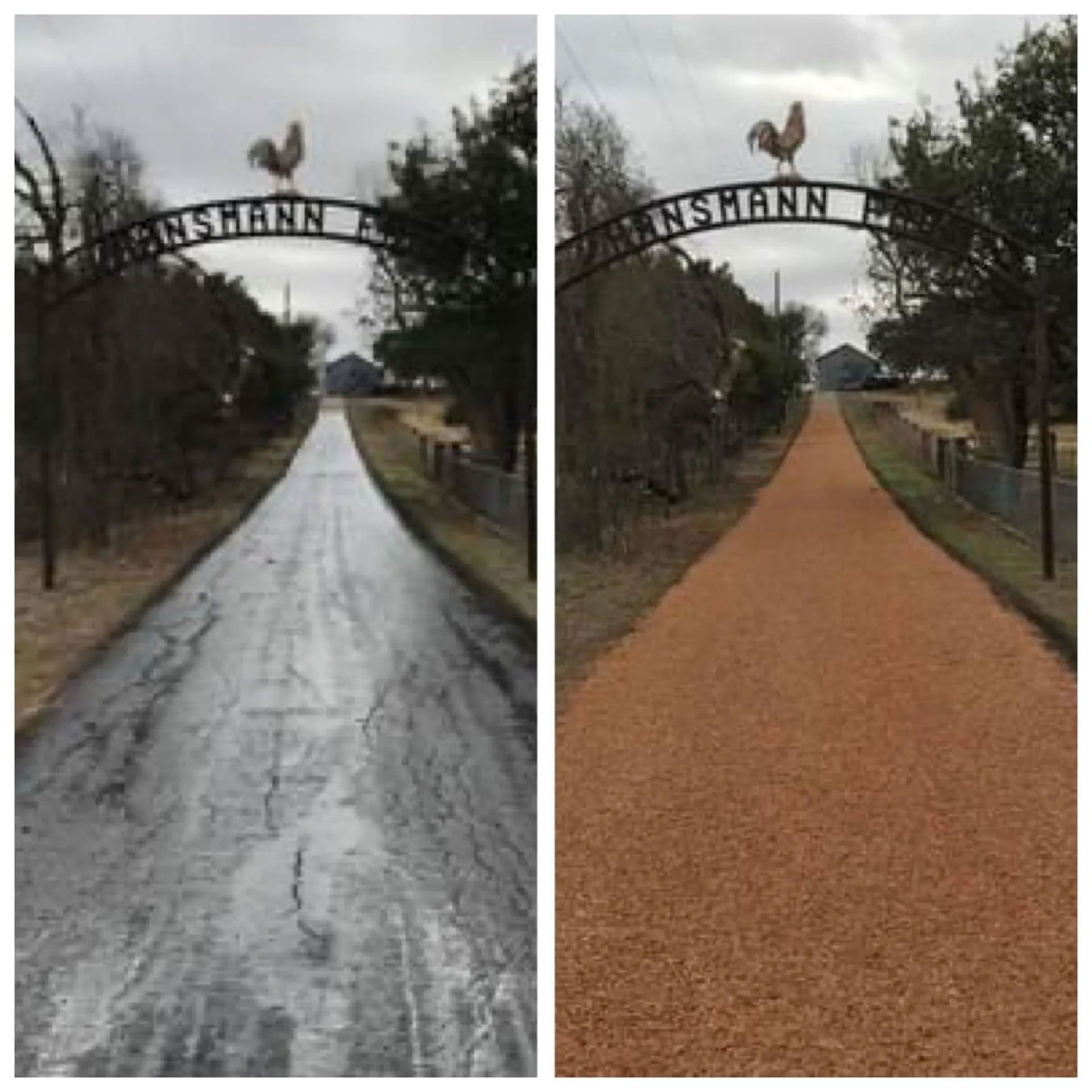 Two side-by-side images of a driveway. Left shows cracked, wet asphalt. Right shows a new, red gravel driveway.