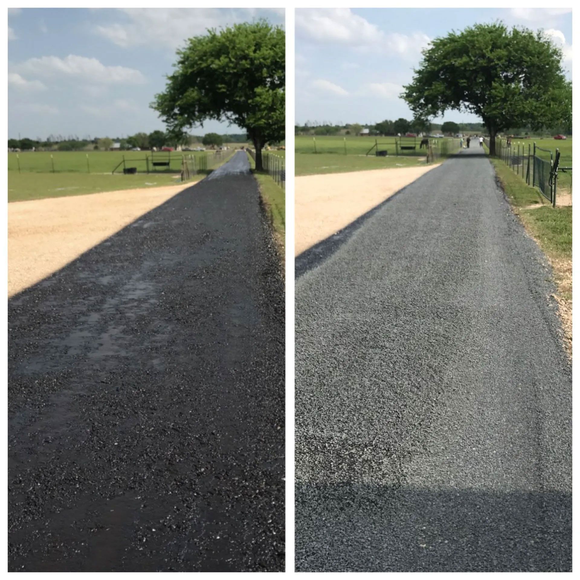 Comparison of asphalt pavement: before and after. The road is dark and wet before and gray and dry after.