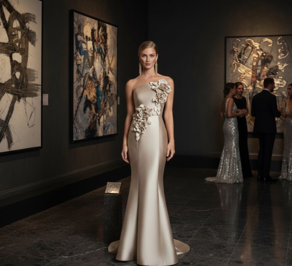 Woman in satin gown with floral embellishments, standing in an art gallery