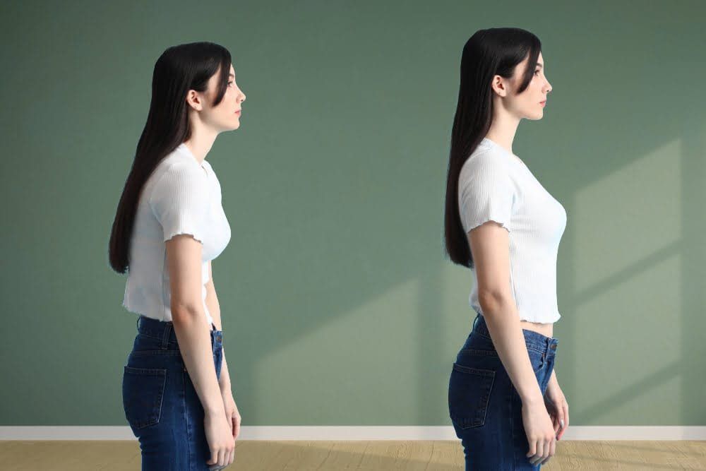 Side-view comparison of a woman standing upright before and after posture correction against a green wall