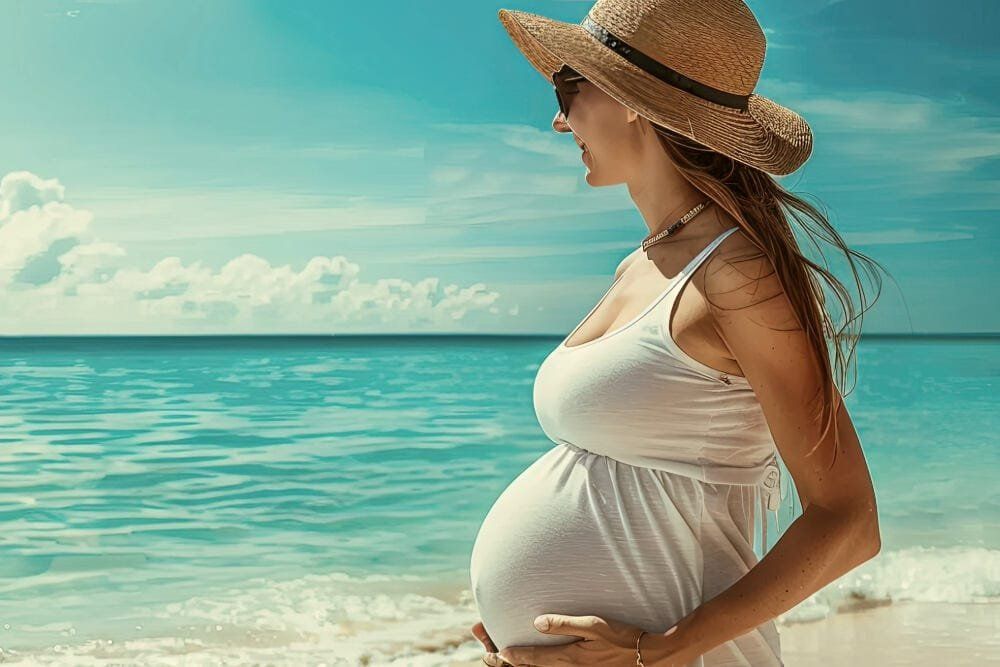 Pregnant person in a straw hat standing by the turquoise sea, holding their belly.