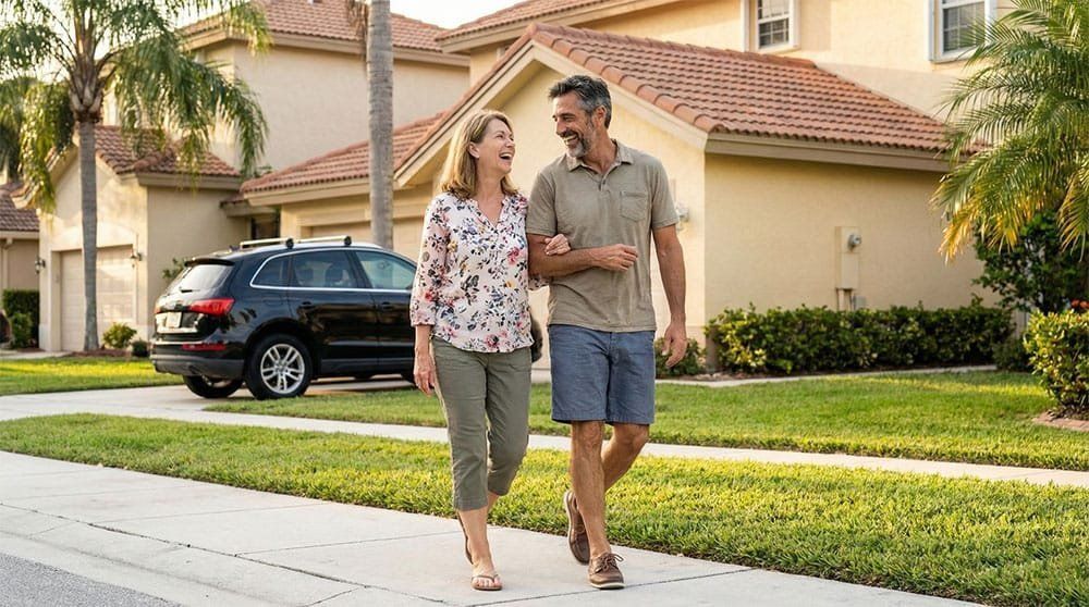 Couple walking on a suburban sidewalk in front of a house and parked SUV