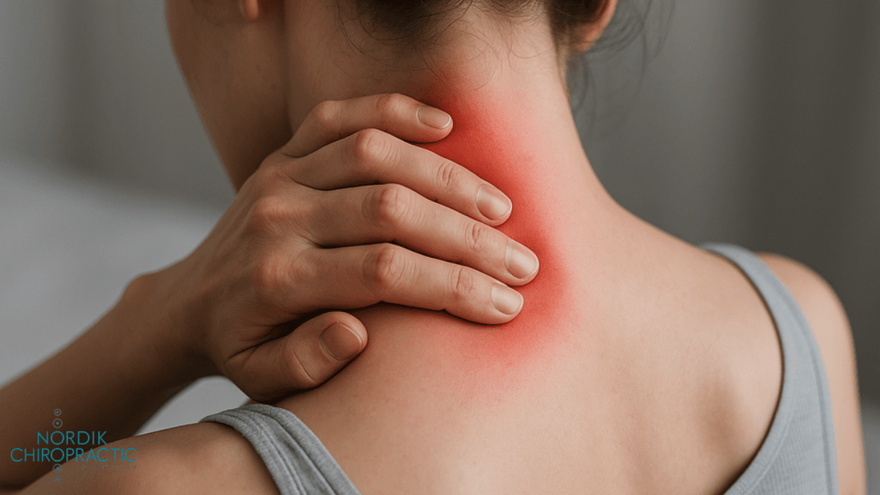 Hand scratching a red, irritated rash on the back of the neck