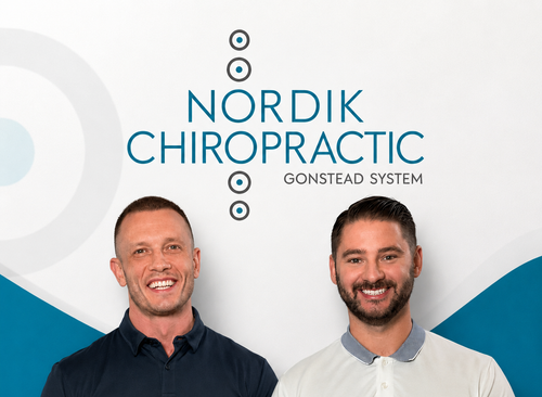 NORDIK CHIROPRACTIC Gonstead System logo with two smiling men on a white and teal background