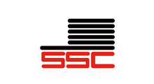 A logo featuring six stacked black horizontal lines above the red, stylized, block-letter text