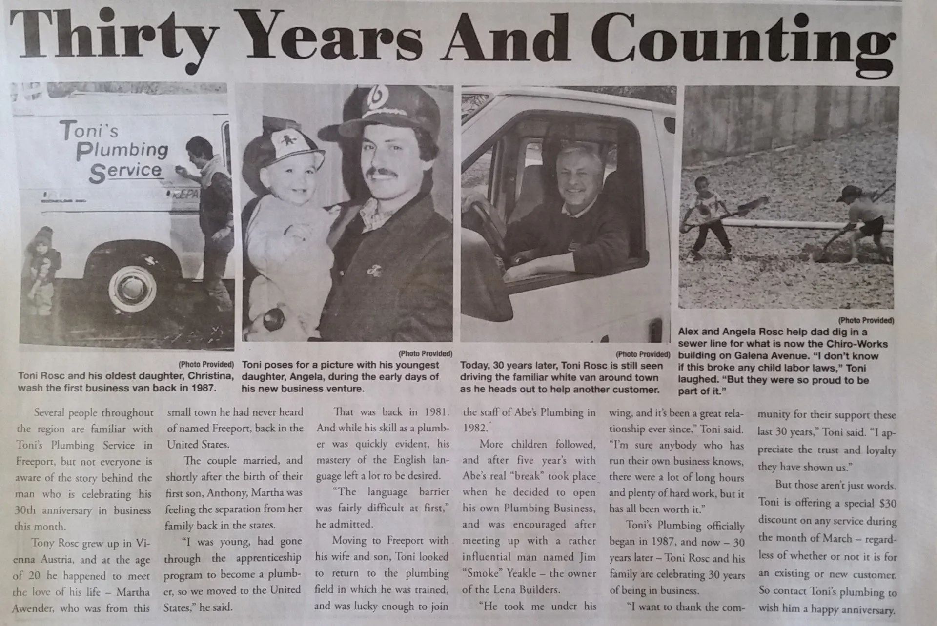 Newspaper article with photos: plumber at truck, firefighter with child, man in vehicle, workers with pipes.