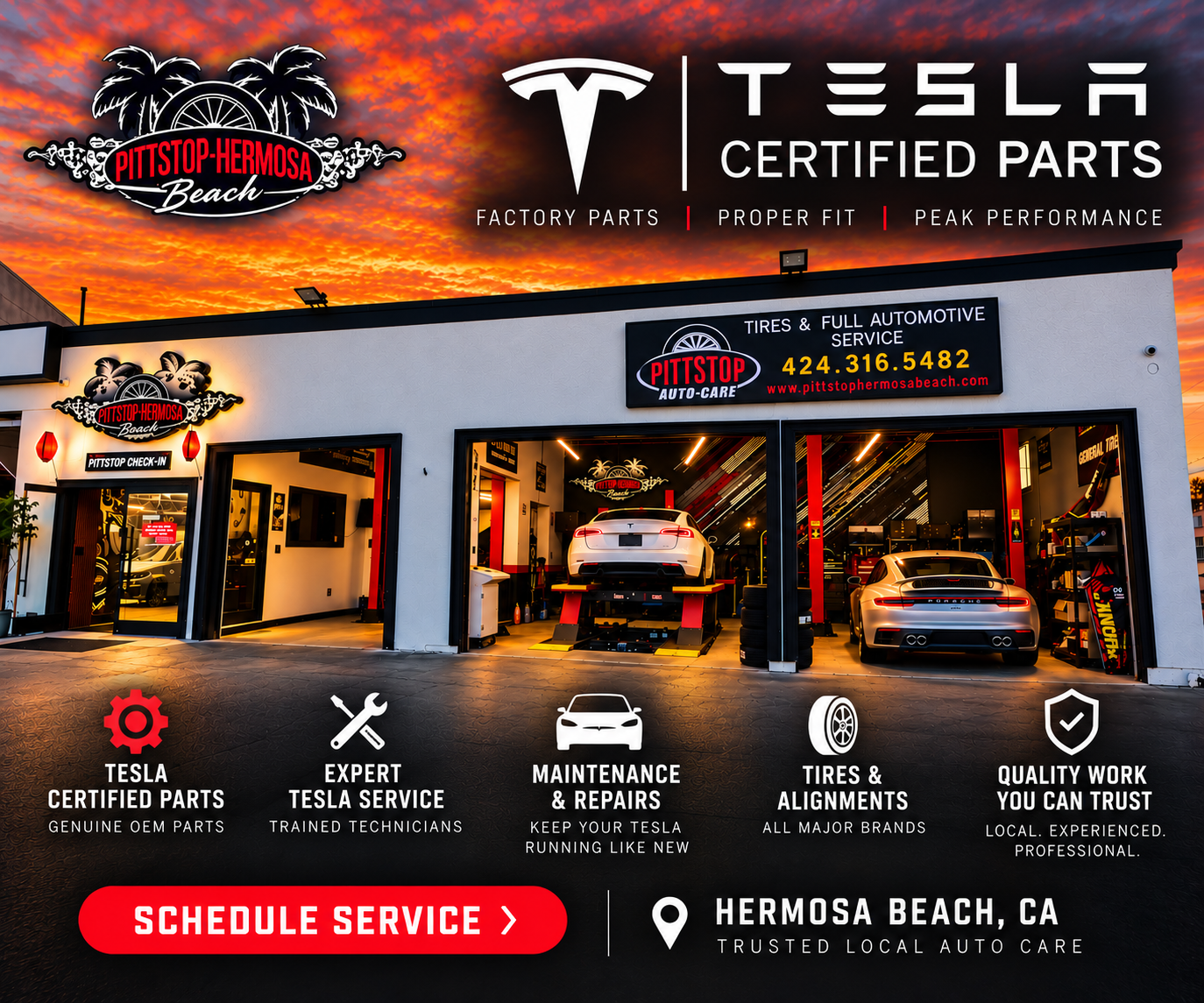 Tesla Certified Parts auto repair shop storefront with red cars and service sign in Hermosa Beach, CA