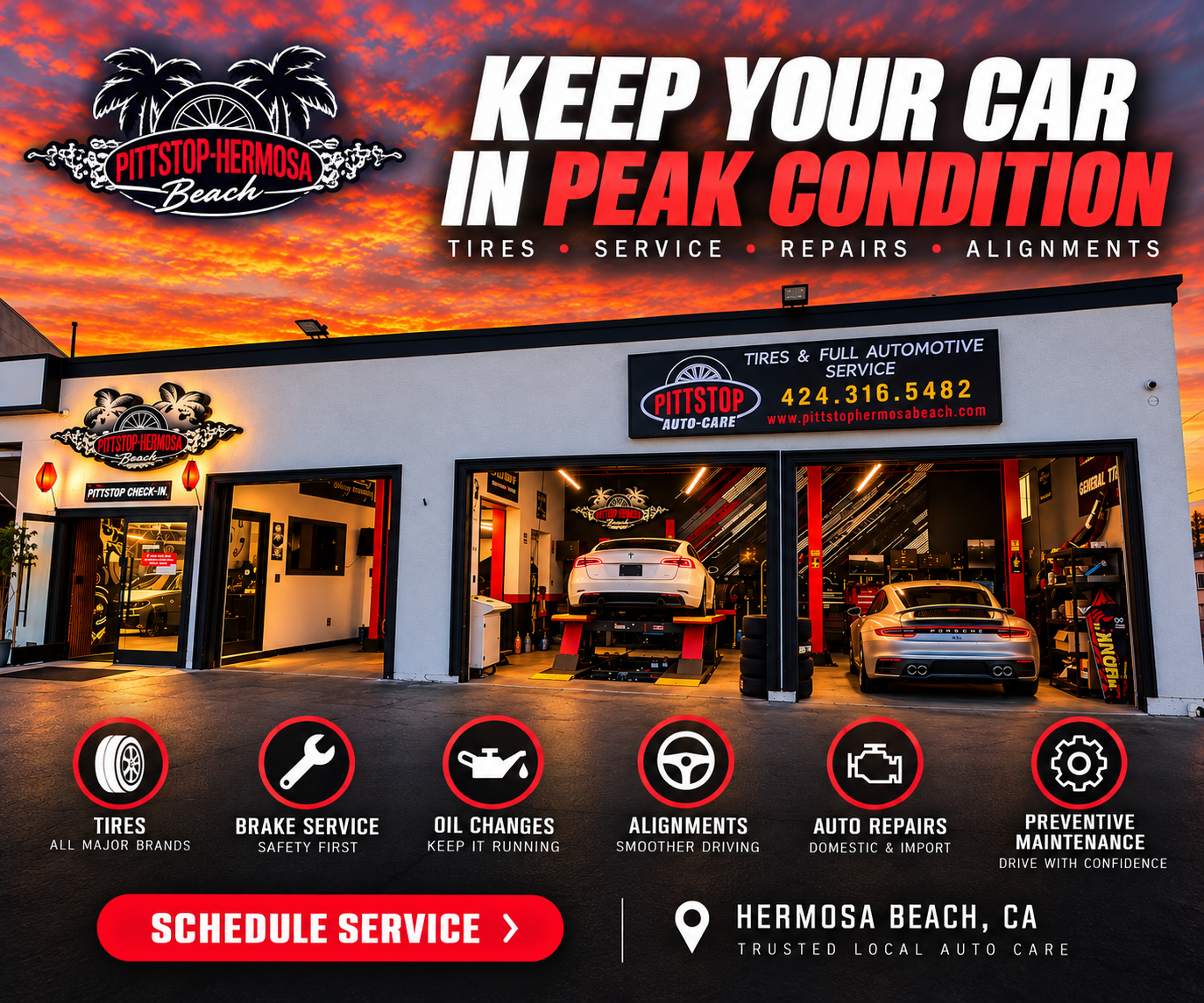 Auto repair shop ad at sunset: “Keep your car in peak condition,” with service bays and red CTA button.