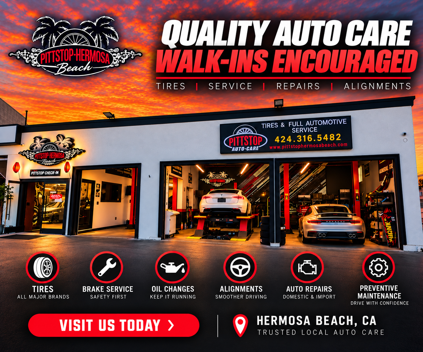 Auto care shop ad with tow truck, cars in bays, and bold “Walk-Ins Encouraged” text