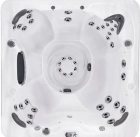 Overhead view of a white hot tub with multiple jets, seating areas, and a control panel.
