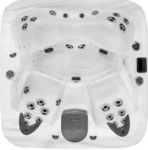 Overhead view of a white, square hot tub with multiple jets.