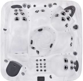 Top-down view of a white, multi-person hot tub with various jet configurations and a control panel.