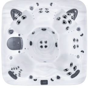 Overhead view of a white, square hot tub with multiple jets, seating areas, and a control panel.