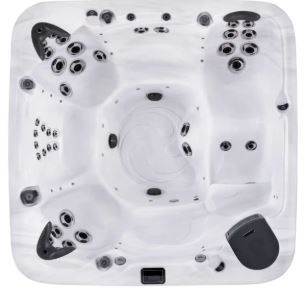 Overhead view of a white, square hot tub with multiple jet clusters and seating areas.