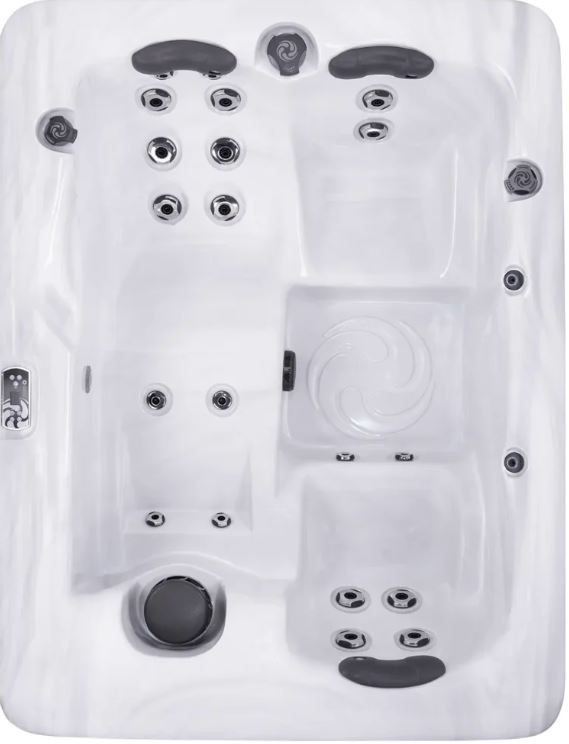 Overhead view of a white, multi-person hot tub with various jets and seating areas.