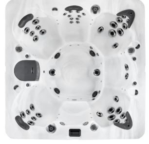 Overhead view of a white hot tub with various jet configurations and seating areas.