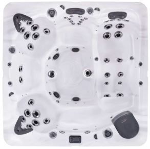 Top-down view of a white, multi-person hot tub with several jets, seating areas, and control panel.