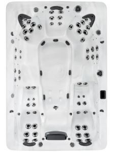 Overhead view of a white hot tub with multiple jets and seating areas.