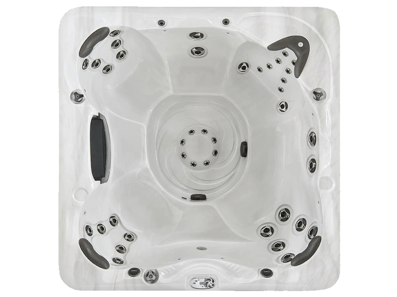 Overhead view of a white hot tub with gray accents, featuring multiple jets and seating areas.