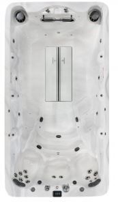 Top-down view of a rectangular hot tub with various jet placements, gray and white textured interior.