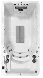 Overhead view of a rectangular swim spa with seating, jets, and a central cabinet.