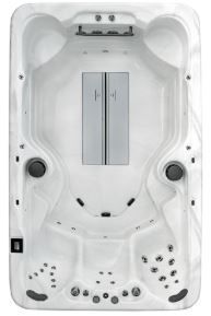 Overhead view of a rectangular white hot tub with various jet placements and a central control panel.