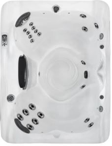 Top-down view of a white, two-person hot tub with multiple jets.