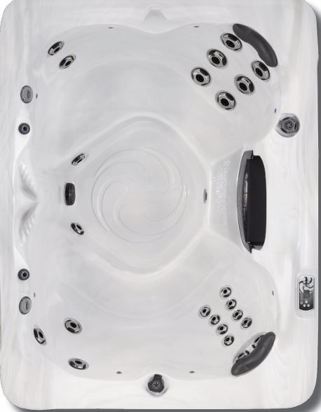 White hot tub with multiple jets and seating areas.