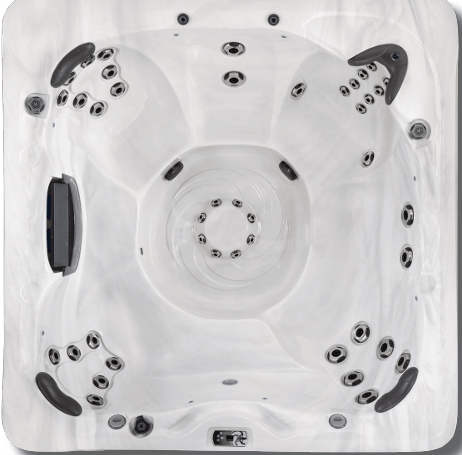 Overhead view of a white, square hot tub with multiple jets and seating areas.