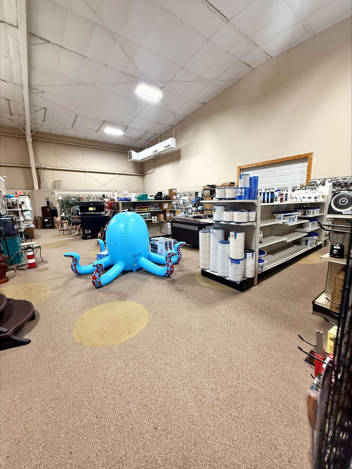 Blue inflatable octopus inside a store with shelves of products, beige flooring, and high ceiling.