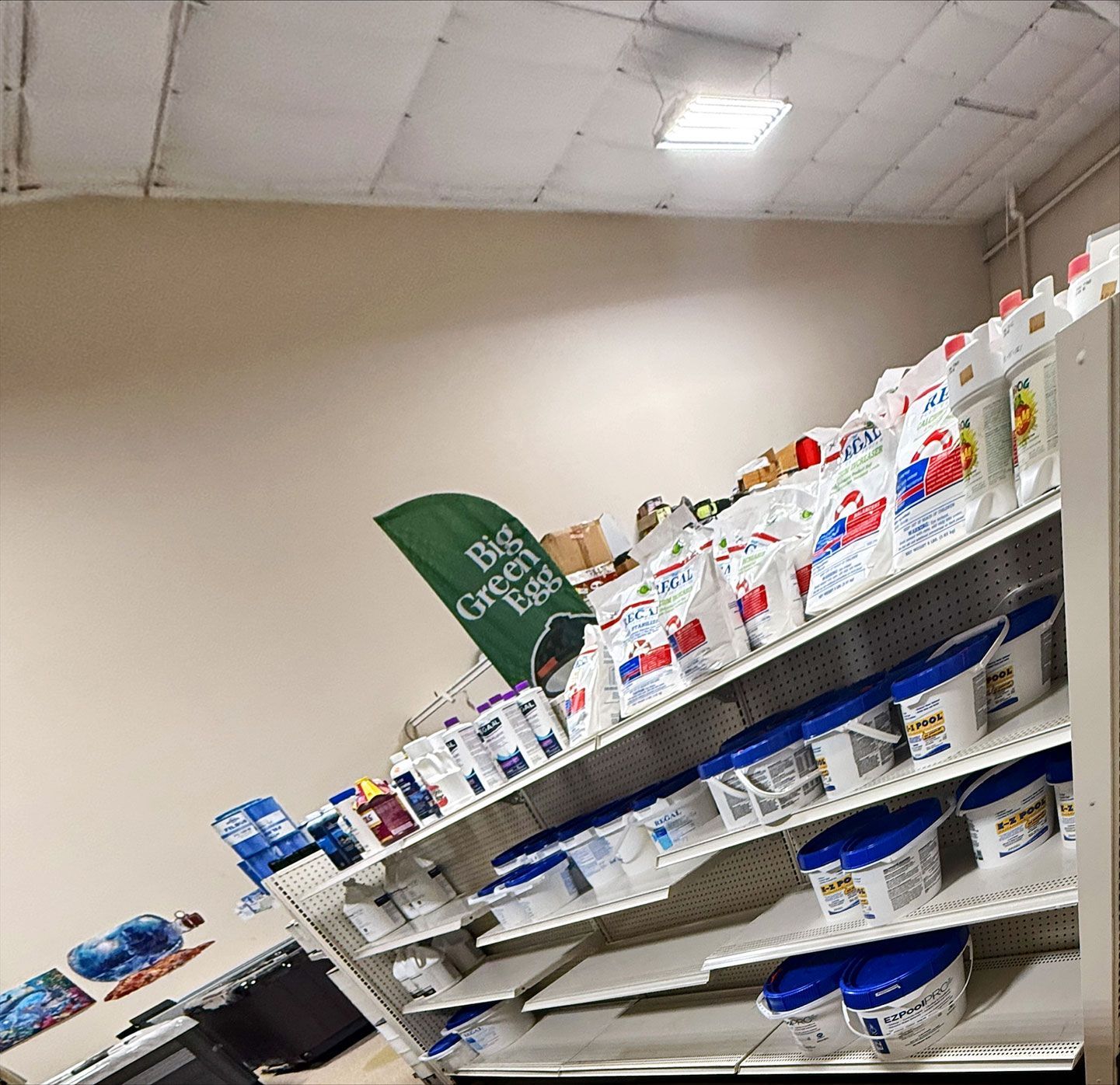 Shelves stocked with blue and white containers, green banner, inside a store.