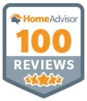 HomeAdvisor badge with 100 REVIEWS in orange and gray, plus five stars at the bottom