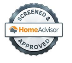HomeAdvisor screened and approved badge with gray seal and orange-gray logo