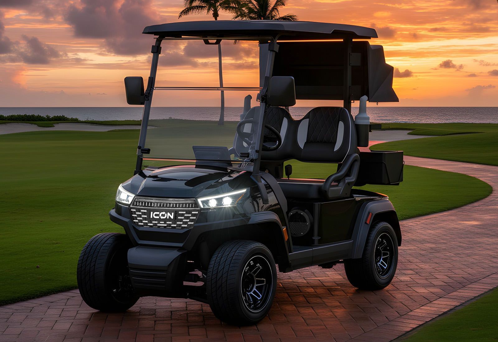 Blue golf cart parked in front of Smith-Davis Motors Inc. building with black rims, large tires, and a roof rack.