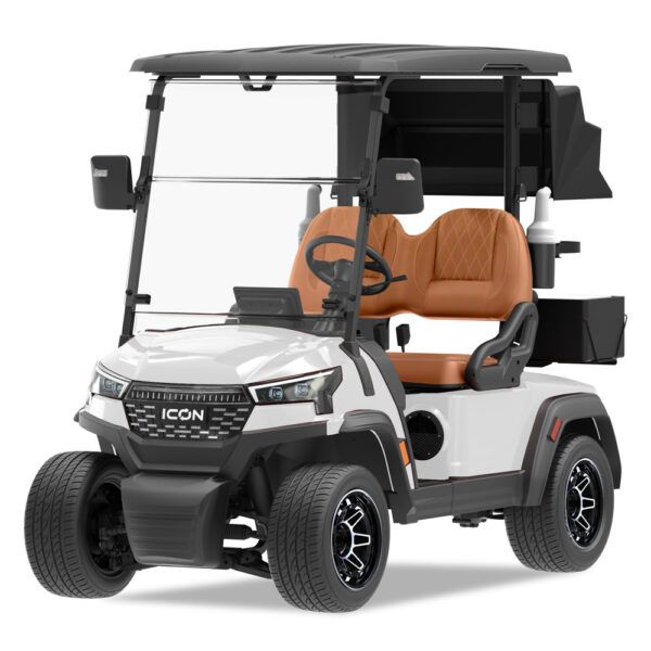 White and black golf cart with brown seats, black roof, and dark tires on a solid surface.