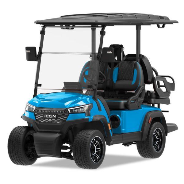 Blue ICON golf cart with black accents and a canopy.