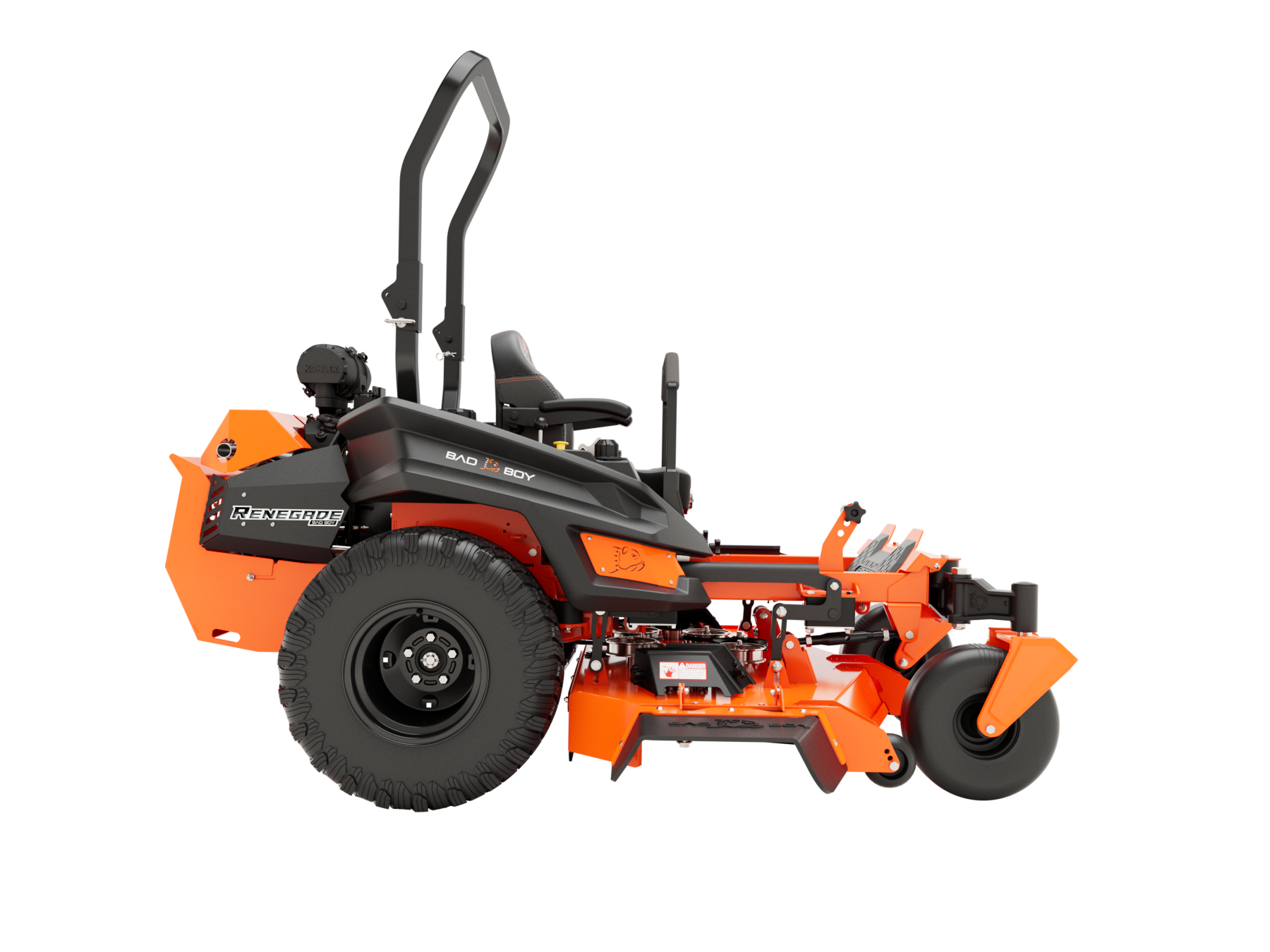 Orange and black zero-turn lawn mower on a white background.