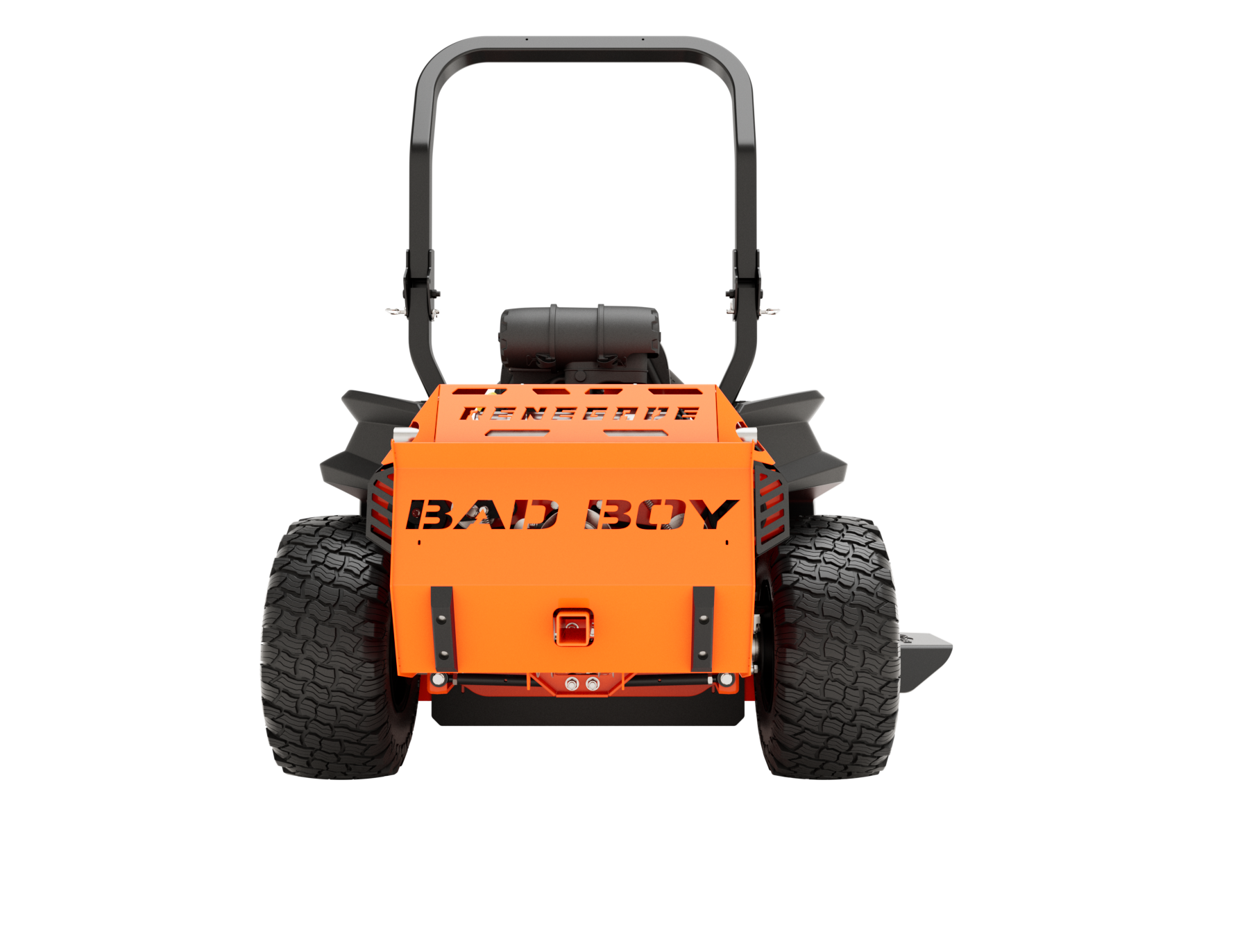 Orange Bad Boy zero-turn lawnmower, viewed from the rear, black roll bar, large treaded tires.