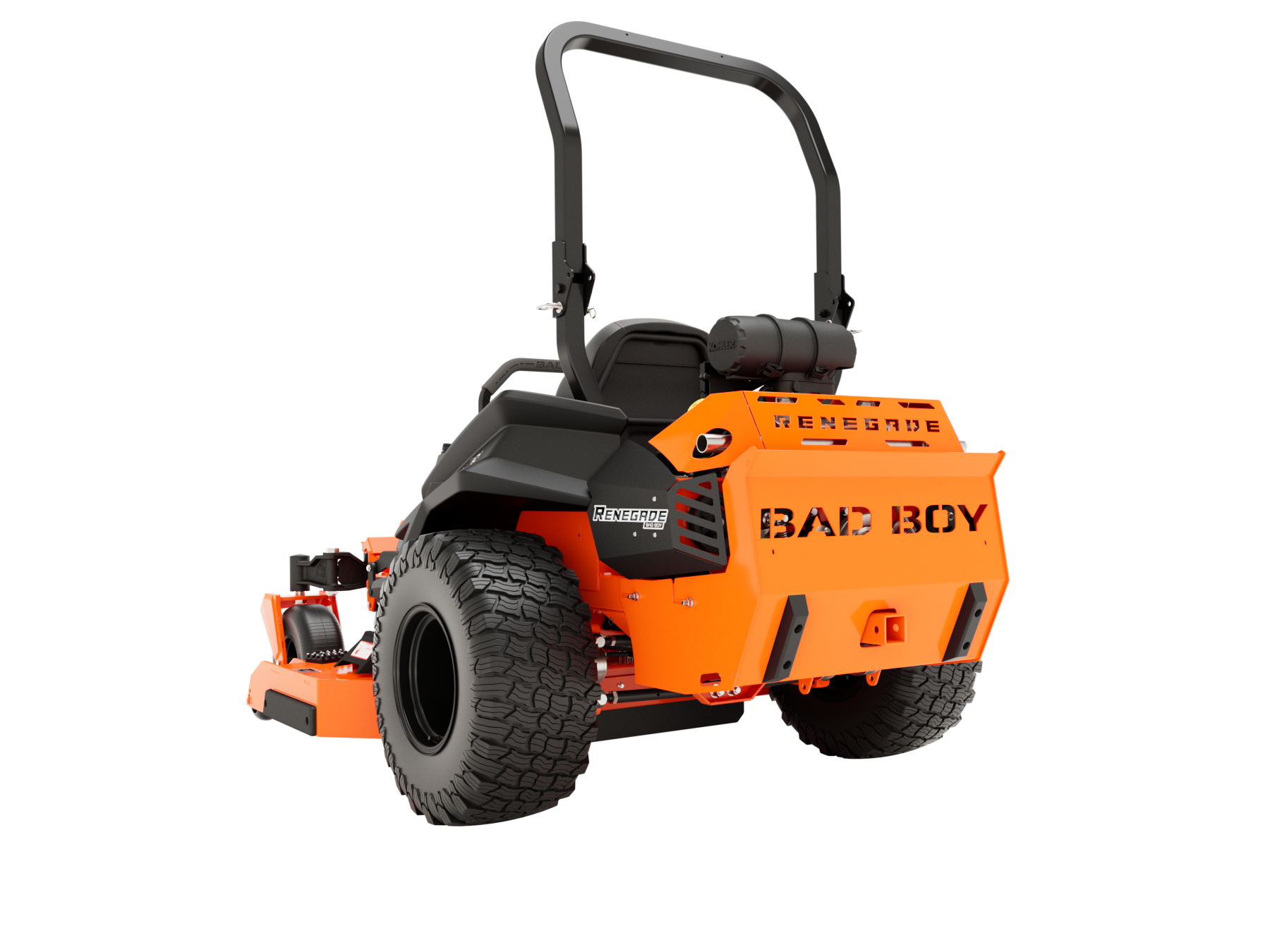 Orange and black Bad Boy zero-turn lawnmower, rear view, on a white background.