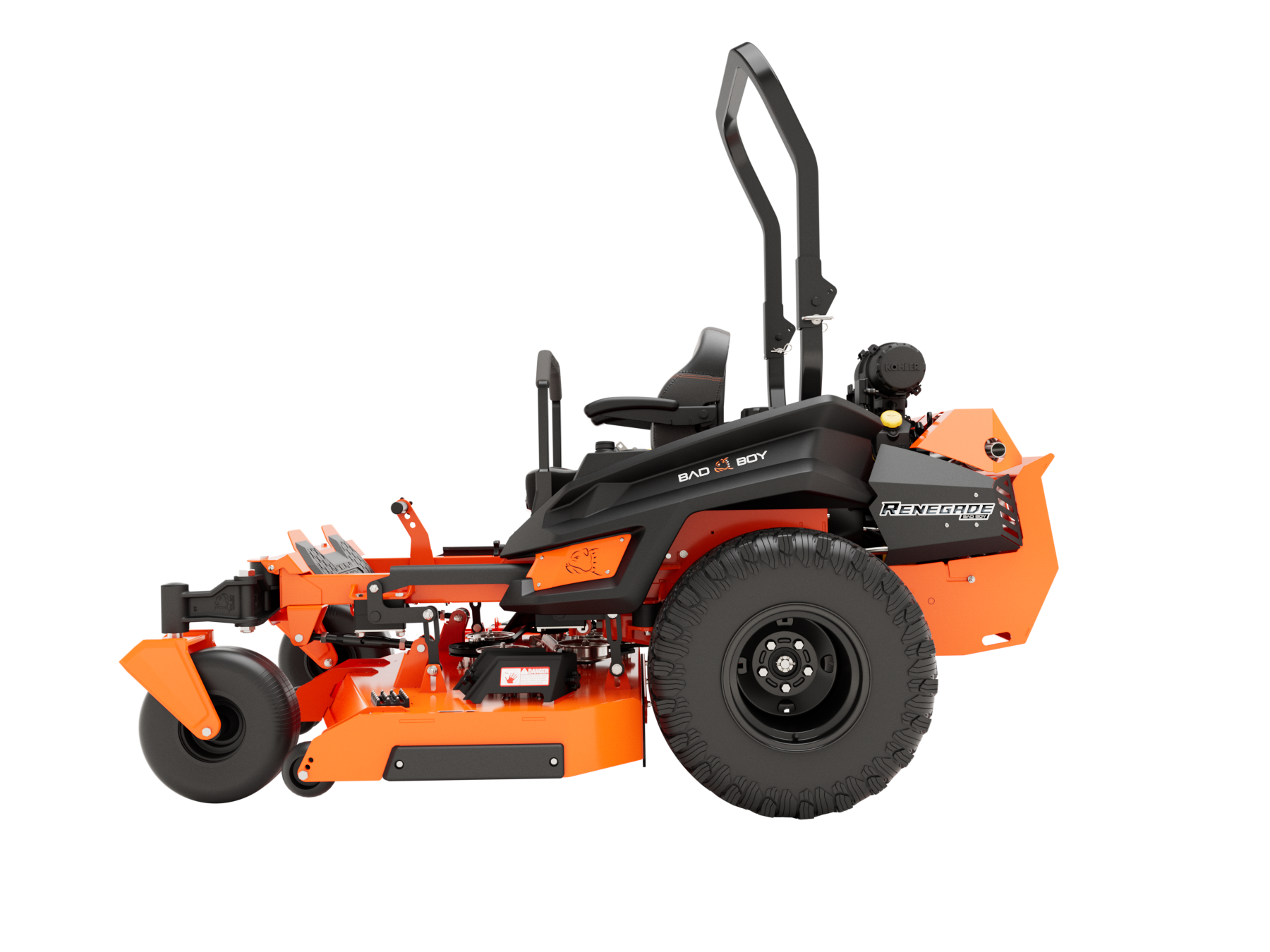 Orange and black zero-turn lawn mower on a white background.
