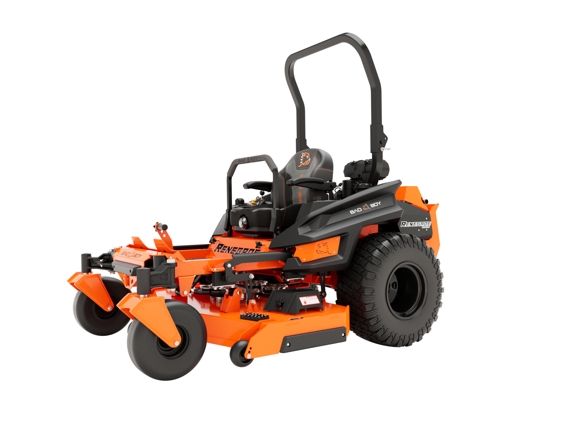 Orange and black zero-turn lawn mower on a white background.
