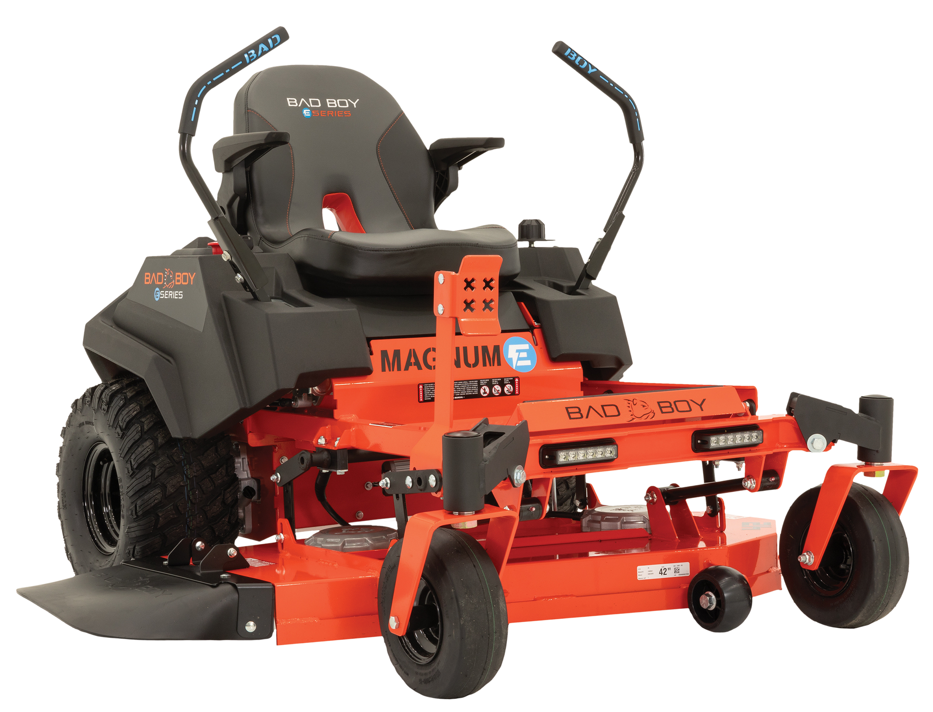 Orange and black Bad Boy Magnum zero-turn lawn mower on grass with a black seat and controls.