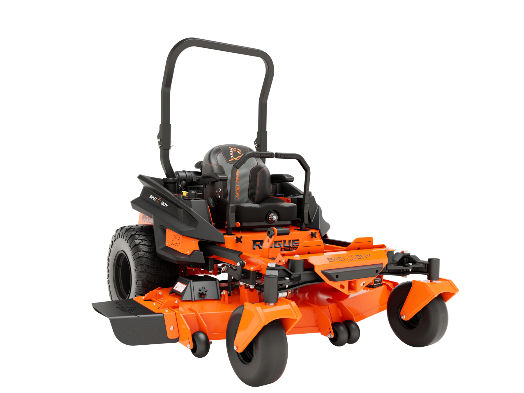 Orange and black zero-turn lawnmower on a white background.