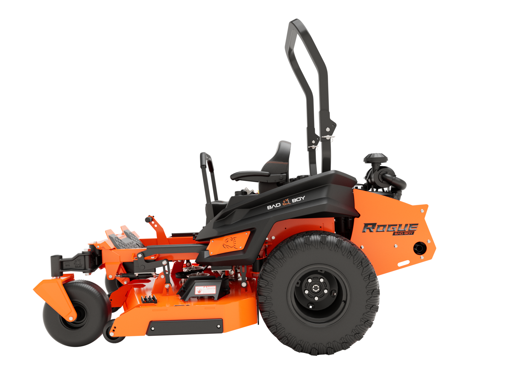 Orange zero-turn riding lawn mower with black wheels and details. 