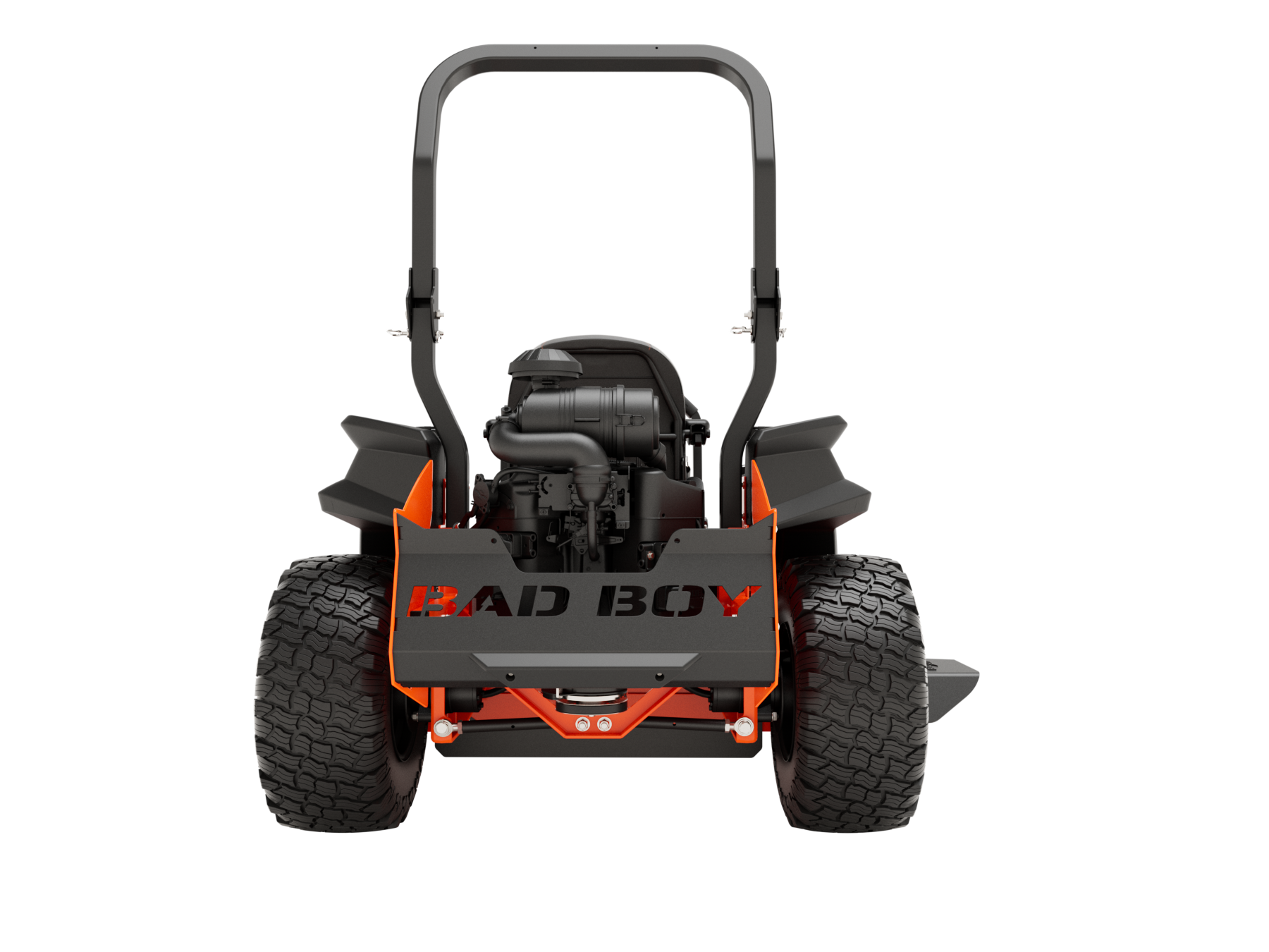 Orange and black Bad Boy zero-turn lawn mower, frontal view.