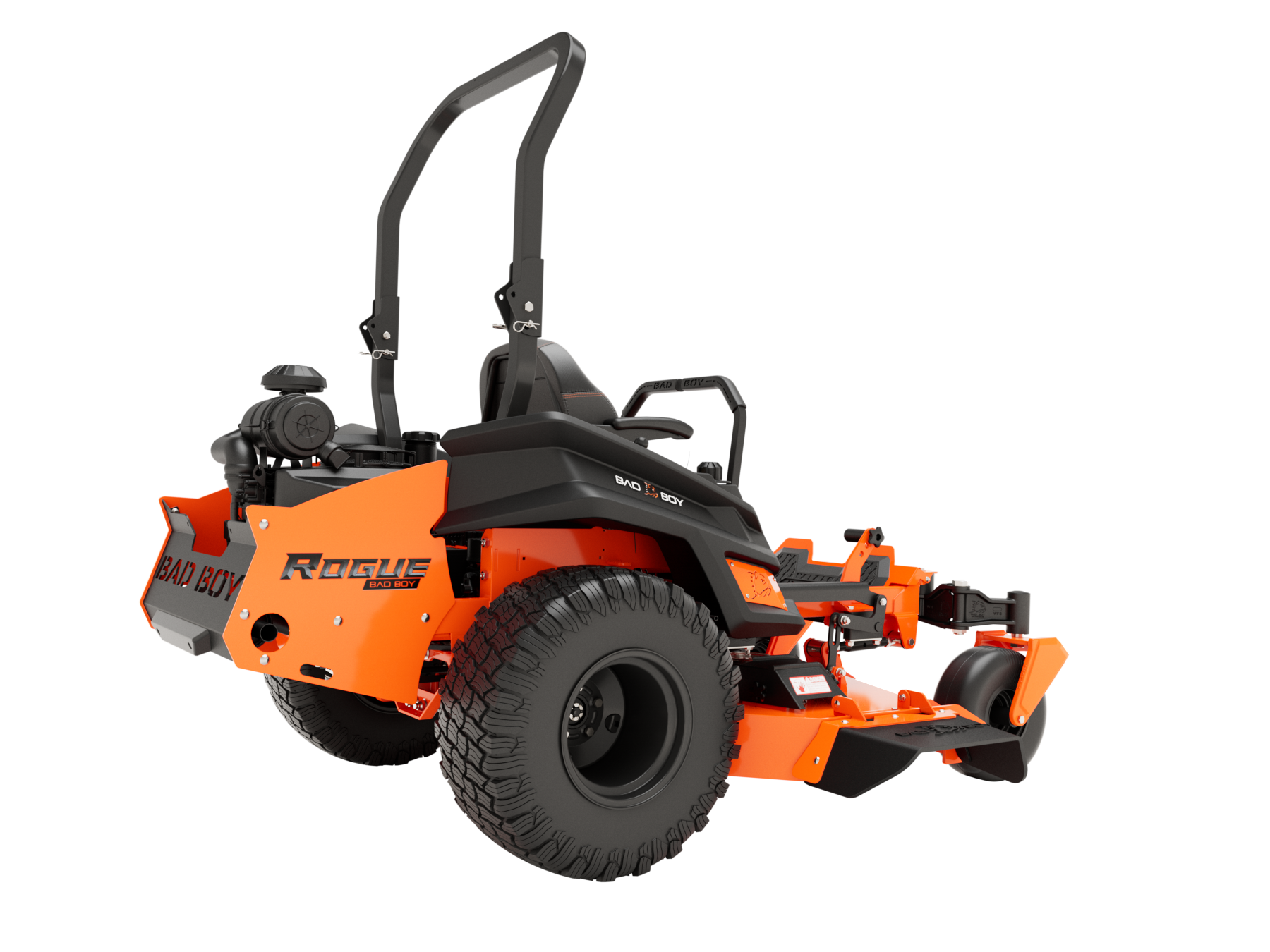 Orange and black zero-turn lawn mower, ROGUE model, on white background.