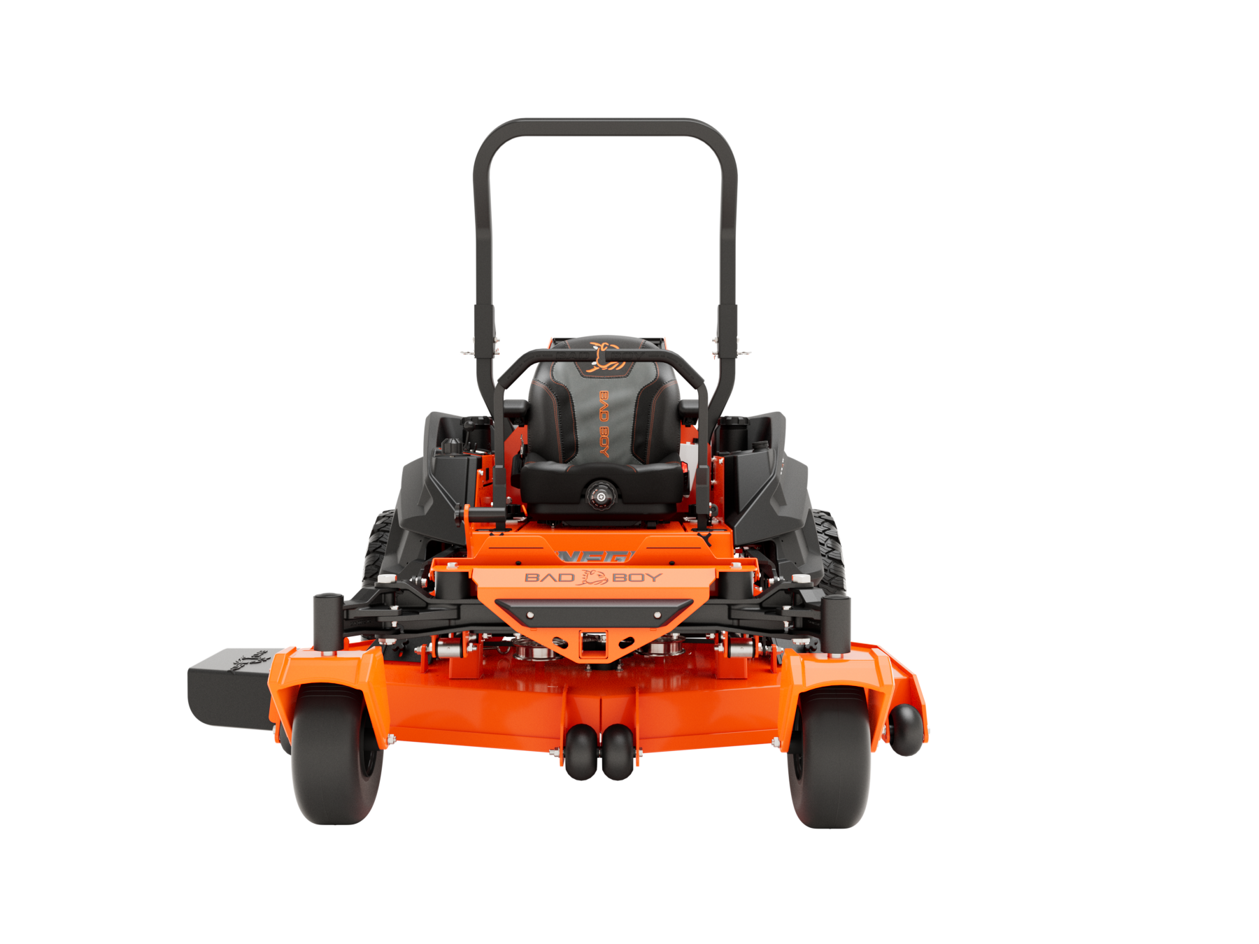 Orange and black zero-turn lawn mower on a white background.