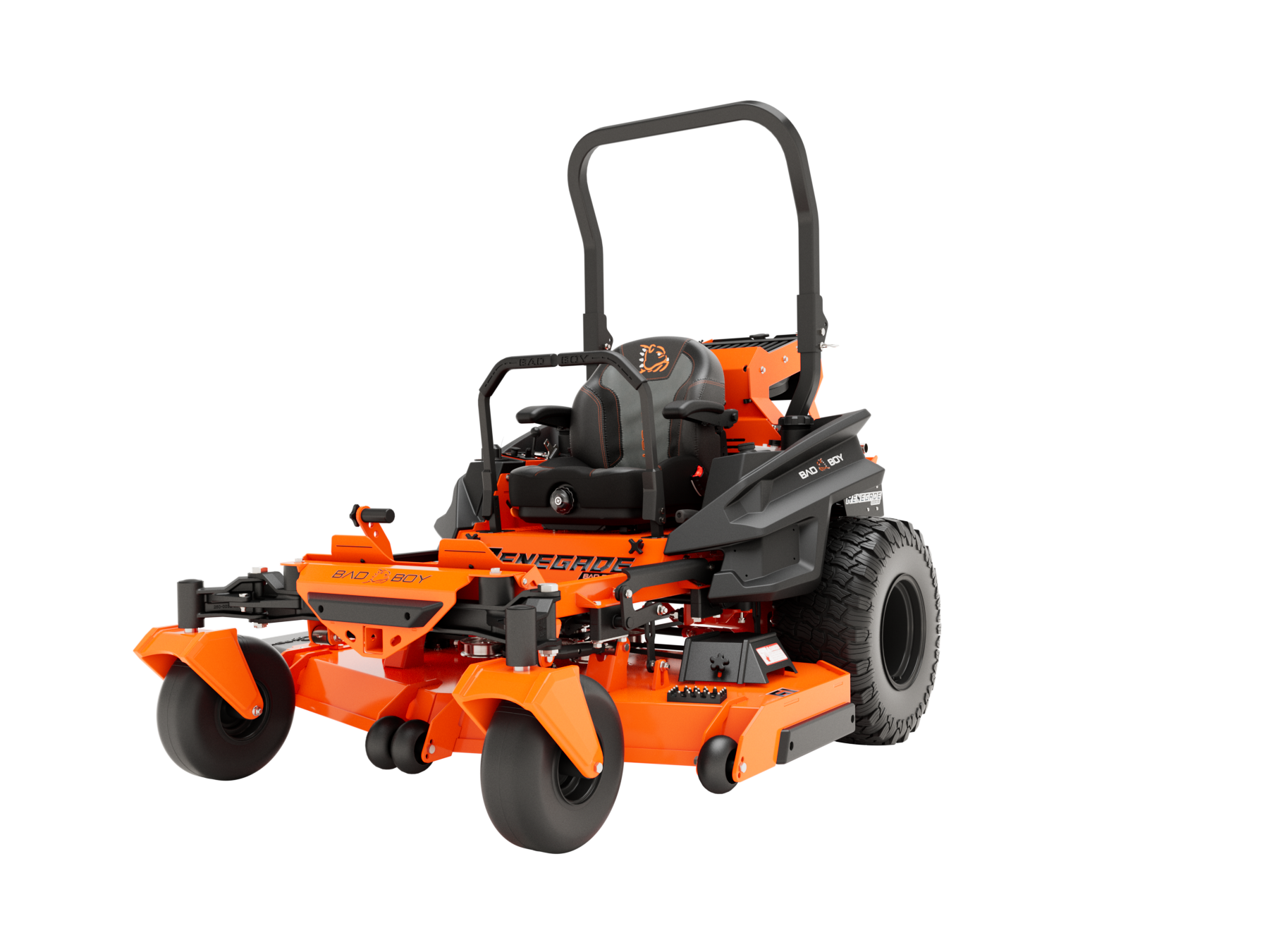 Orange and black zero-turn lawnmower on a white background.